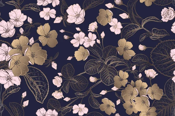 Våren Blommig Vintage Sömlös Mönster Jäkla Japanska Körsbär Träd Grenar — Stock vektor