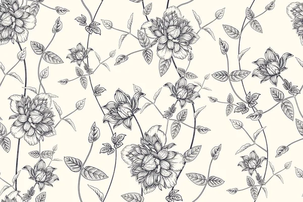 Zwart Wit Bloemenpatroon Naadloos Mooie Bloeiende Tuinbloemen Clematis Vector Illustratie — Stockvector