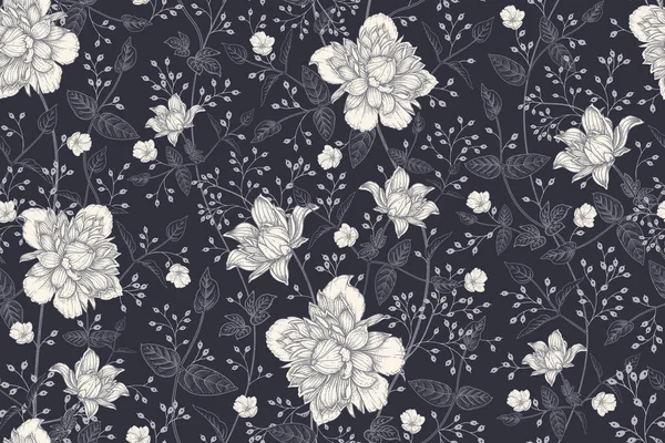 Motif Floral Sans Couture Noir Blanc Beau Jardin Fleuri Fleurs — Image vectorielle