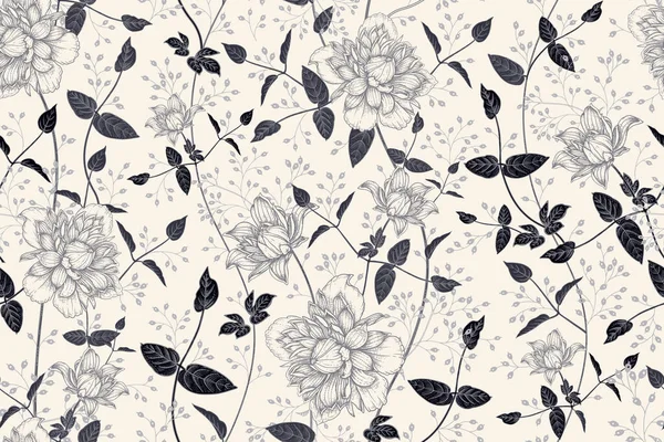 Motif Floral Sans Couture Noir Blanc Beau Jardin Fleuri Fleurs — Image vectorielle