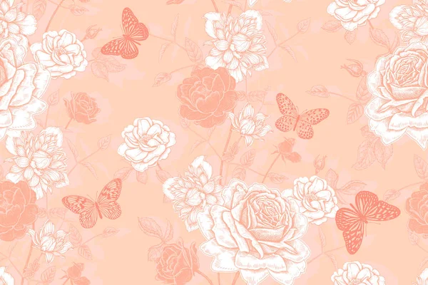 Patrón Sin Costura Floral Flores Jardín Rosas Clematis Mariposas Ilustración — Vector de stock