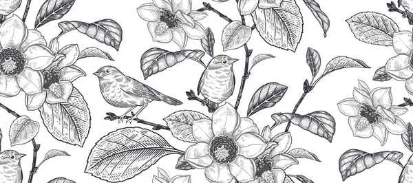Árbol Magnolia Floreciente Pequeños Pájaros Lindos Flores Hojas Ramas Patrón — Archivo Imágenes Vectoriales