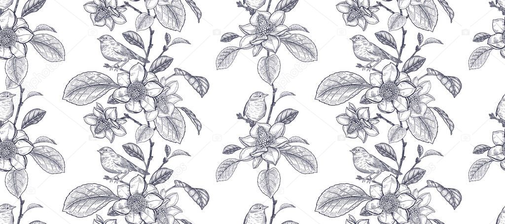 Blooming magnolia tree and little cute birds. Flowers, leaves and branches. Black and white floral seamless pattern. Vector illustration. Vintage. Decorative background for paper, wallpaper, textile.
