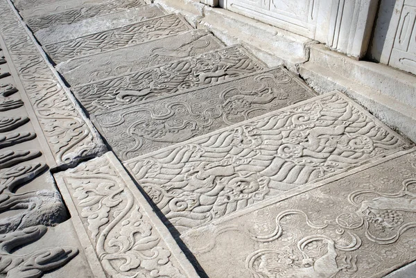 traditional Chinese patterns with dragons on ancient stone steps. Imperial Palace, Forbidden City