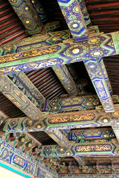 unique temple ceiling with traditional patterns. Chinese ancient Temple of Heaven. Asian architectural background.  Beijing. UNESCO World Heritage Site