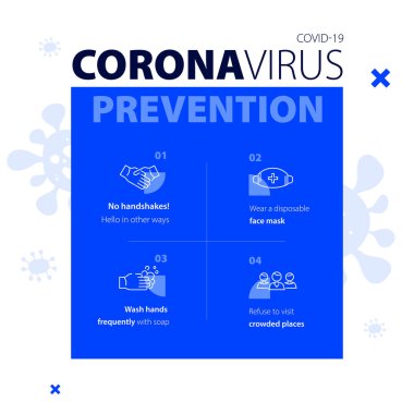 Coronavirus önleme tıbbi mavi bayrak. Covid 19. Simgeli medikal modernleşme posteri. Yeni virüs salgını. Kendini koronavirüsten nasıl koruyacağını. Vektör kavramı arka planı