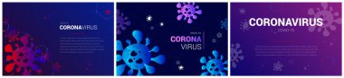 Modern koronavirüs posterleri. Covid 19. Tıbbi oryantasyon posteri. Yeni virüs salgını. Coronavirus 'a karşı savaş. Virüs hücreleri ile vektör arkaplanı.
