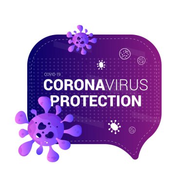 Coronavirus, gradyan konuşma baloncuğunu koruyor. Covid 19. Tıbbi oryantasyon posteri. Yeni virüs salgını. Coronavirus 'a karşı savaş. Virüs hücreleri ile vektör arkaplanı.