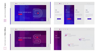 Dijital soyut yaratıcı mavi web dizaynı dört ekran şablonu. Şık bir gelenek ve dört ayrı web sitesi ekranı. Yaratıcı geometrik tasarım