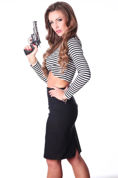 Sexy brunette with shotgun. — Stock Photo, Image