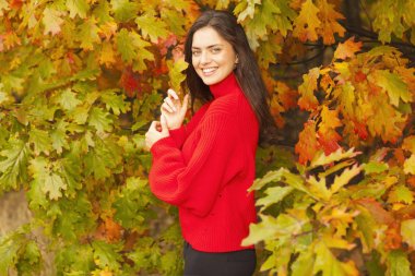 Bir sonbahar sırasında ormandaki gülümseyen bruntte.