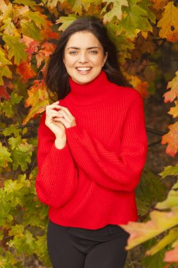 Bir sonbahar sırasında ormandaki gülümseyen bruntte.