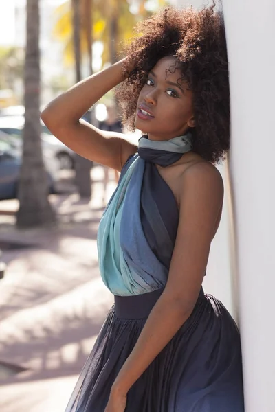 Güzel Bir Elbise Afro Amerikan Modelinde Sokaklarda Palmiye Ağaçlarının Tam — Stok fotoğraf