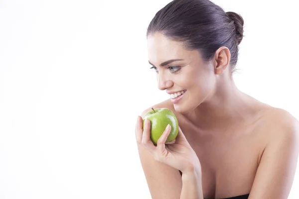 Beautiful woman with green apple. — Stock Photo, Image