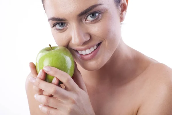 Beautiful woman with green apple. — Stock Photo, Image