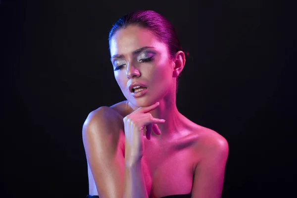 Портрет Высокой Модной Модели Фото Полное Ярких Огней Розовый Синий — стоковое фото