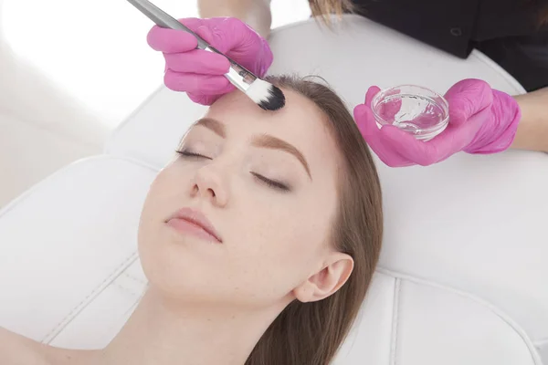 Beautician Putting Transparent Mask Female Face — Stock Photo, Image