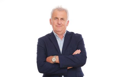 Lacivert takım elbiseli yaşlı adamın portresi..