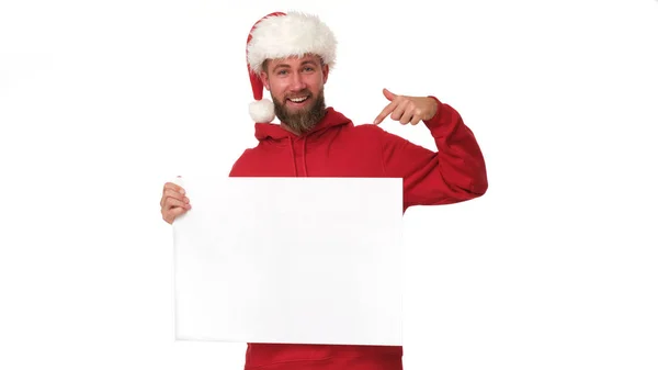 Young Excited Satna Claus Showing White Banner — ストック写真