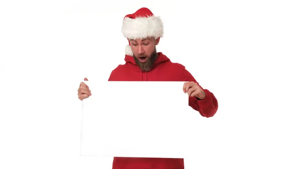 Young Excited Satna Claus Showing White Banner — Stock Photo, Image