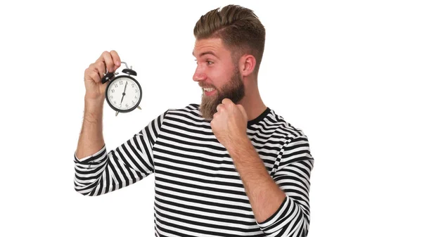 Hombre Con Barba Camisa Rayas Alarma Punto —  Fotos de Stock