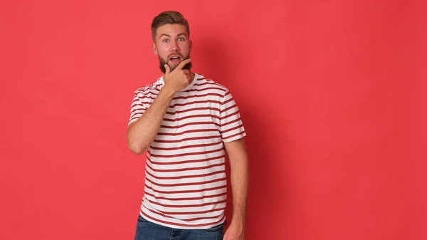 Young Characteristic Man Beard Shirt Striped Looks Shocked Person Isolated — 스톡 사진