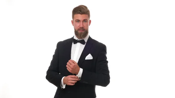 Good Looking Young Man Beard Wearing Classic Black Suit Isolated — 스톡 사진