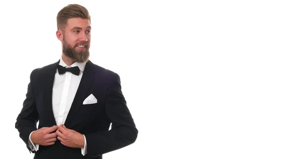 Good Looking Young Man Beard Wearing Classic Black Suit Isolated — 스톡 사진