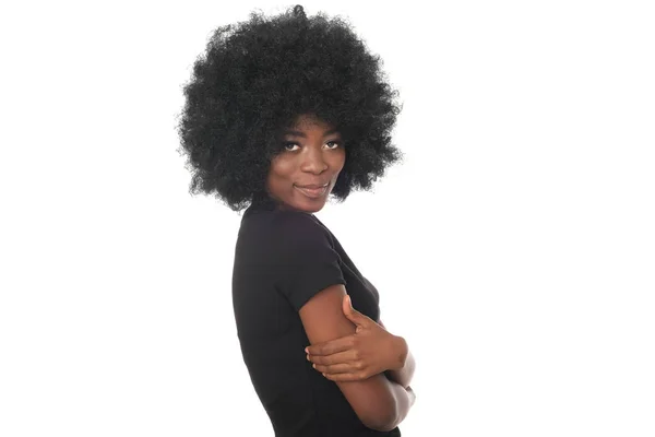 Jovem Afro Americana Positivo Menina Isolada Fundo Branco — Fotografia de Stock