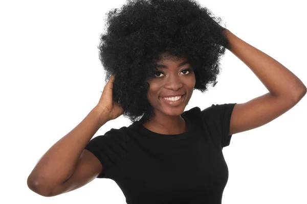 Portrét Mladé Pozitivní Černošky Pěkným Úsměvem Mladý Model Afro Vlasy — Stock fotografie