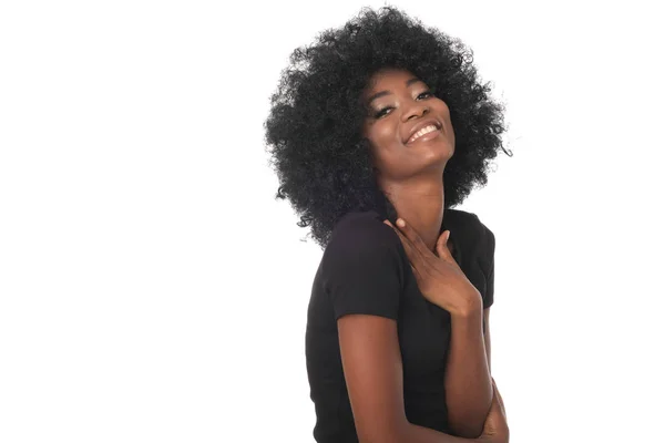 Portret Młodej Pozytywnej Czarnej Kobiety Ładnym Zapachu Młody Model Afro — Zdjęcie stockowe