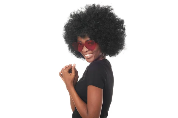 Gelukkig Afrikaans Model Super Afro Haar Hartvormige Bril Zoek Cool — Stockfoto