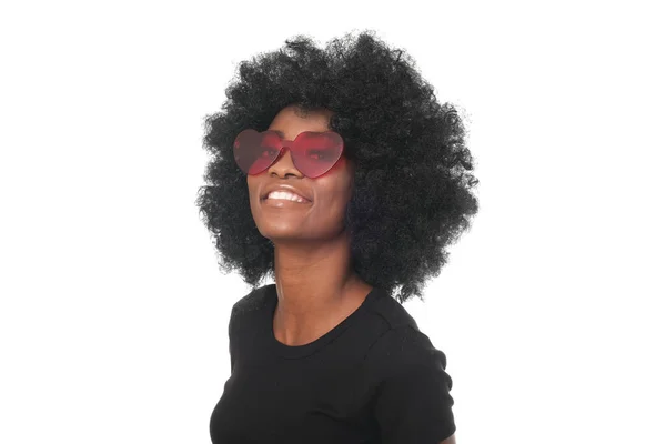 Modelo Africano Feliz Cabelos Super Afro Óculos Forma Coração Parecendo — Fotografia de Stock