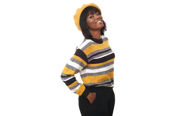 Stylish Black Model Sweater Stripes Yellow Bonnet Studio Shoot — 스톡 사진