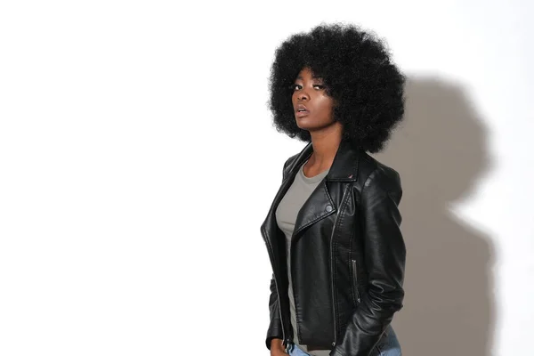 High Fashion Afro American Model Black Leather Jacket Isolated White — 스톡 사진