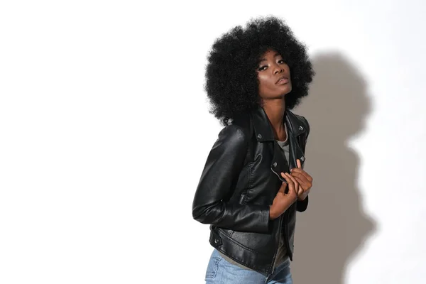 High Fashion Afro American Model Black Leather Jacket Isolated White — Stok fotoğraf