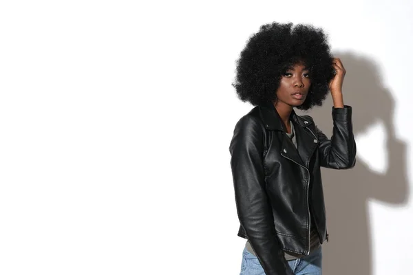 High Fashion Afro American Model Black Leather Jacket — Stok fotoğraf