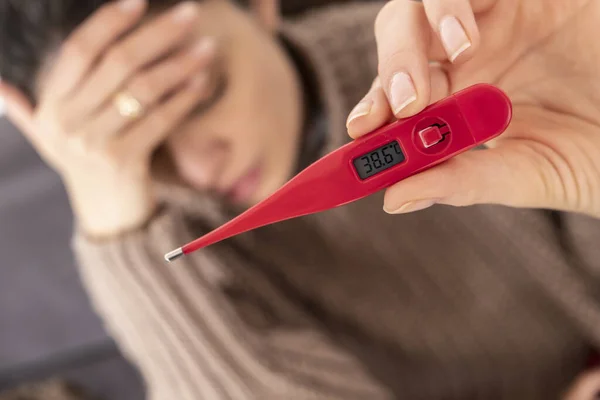 Young Woman Has Fever She Holding Thermometer Had Headache — Stock Photo, Image