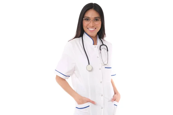Female General Practitioner White Suit Smiling Camera — Stock Photo, Image