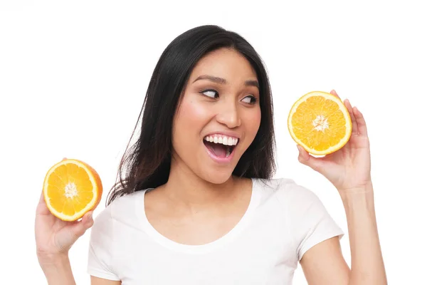 Beautiful Asian Model Making Funny Faces Citrus — Stock Photo, Image