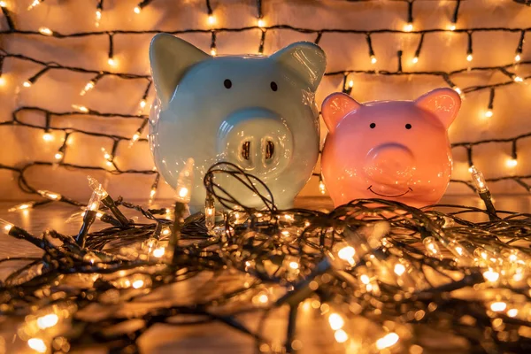 Różowa i niebieska świnka bank z błyszczącymi światłami, zorganizować imprezęróżowy i niebieski skarbonka z błyszczącymi światłami, zorganizować imprezy dla udanej działalności, aby zaoszczędzić pieniądze na emeryturę — Zdjęcie stockowe