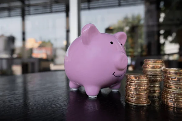 Piggy bank rosa com pilha de moedas, intensificar o crescimento do negócio para o sucesso e economia para o conceito de aposentadoria — Fotografia de Stock