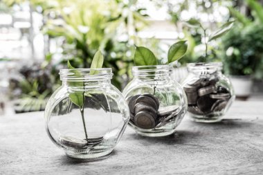 Bozuk paralarla dolu cam kavanoz kumbarası. Birikimlerinizi planlayın, başarı için büyüyen bir iş yapın ve emeklilik için tasarruf edin.