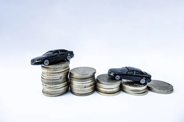 Miniature Car Car Keys Metal Coins Wooden Surface Isolated Grey Stock