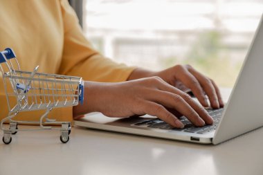 Genç bayan internet üzerinden alışveriş yapmak ve ödemeleri yapmak için kredi kartı ve dizüstü bilgisayar kullanıyor..