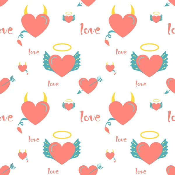 Seamless Pattern Heart Angel Demon Lettering Love Surface Design Textile — 스톡 벡터