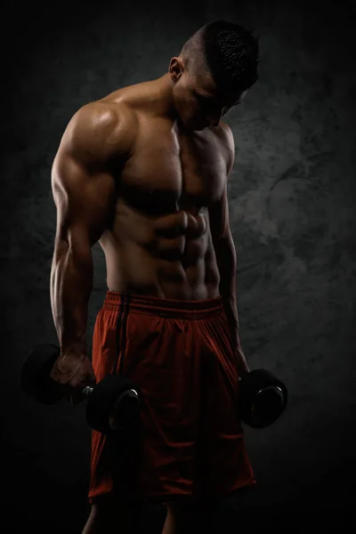 Guapo atlético musculoso hombres ejercicio con pesos —  Fotos de Stock