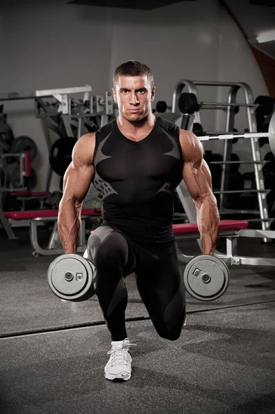 Handsome Muscular Men Doing Lunges Leg Exercise Dumbbells Gym Dalam — Stok Foto