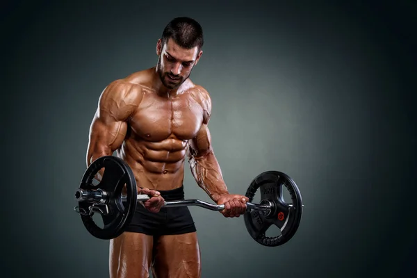 Strong Muscular Men Lifting Weights Bodybuilder Doing Bicep Curls Exercise — Stock Photo, Image