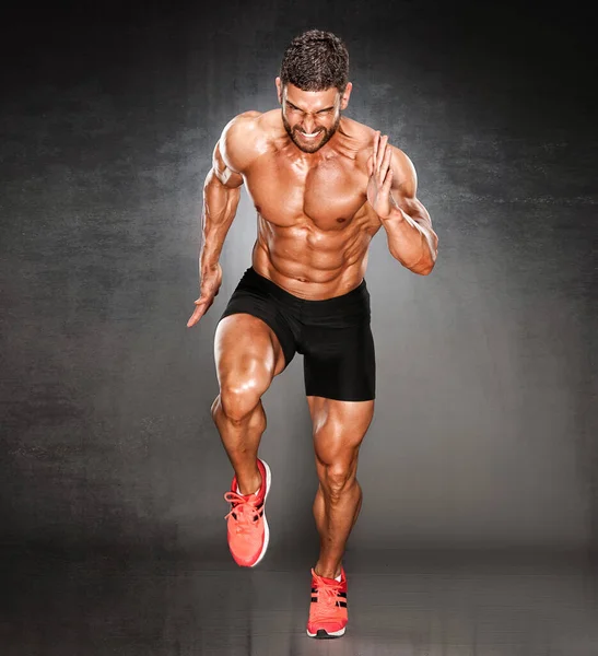 Muscular Men Running Motion Handsome Male Athlete Sprinting — Stock Photo, Image